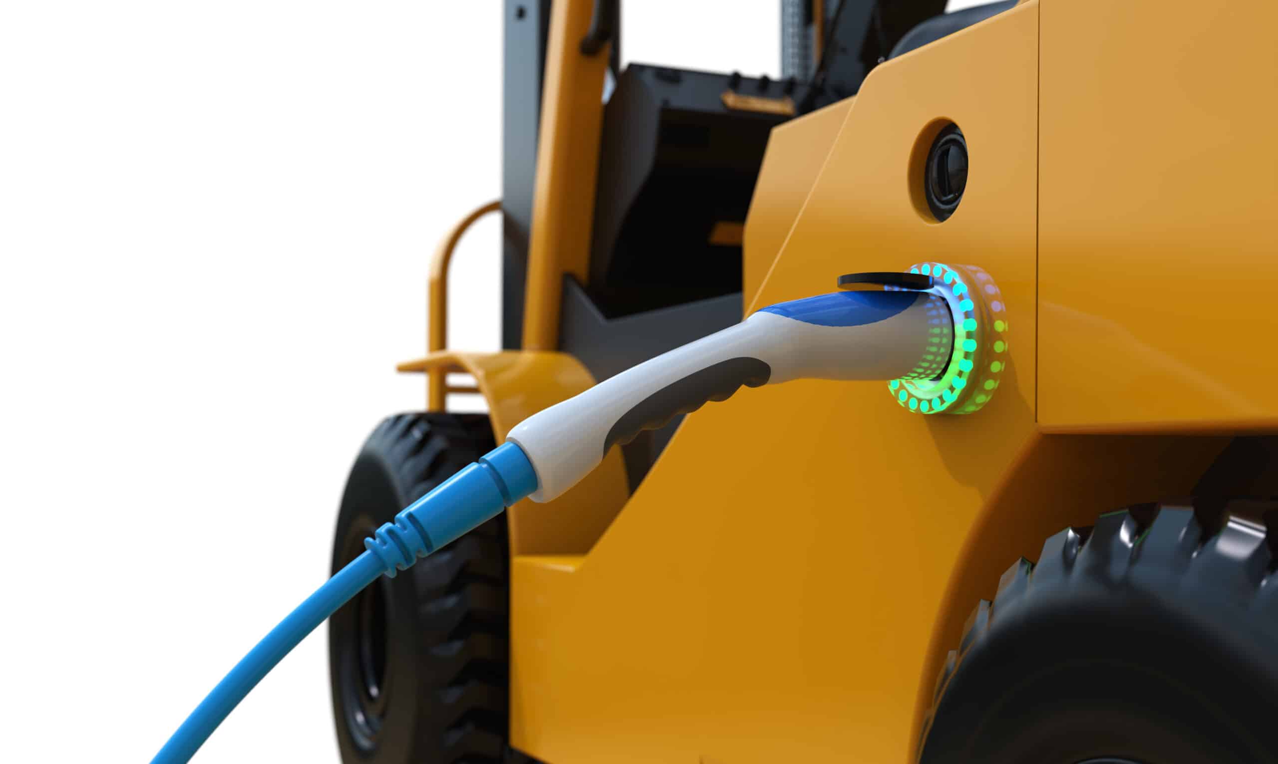 3d rendering forklift truck charges with electric recharging station 